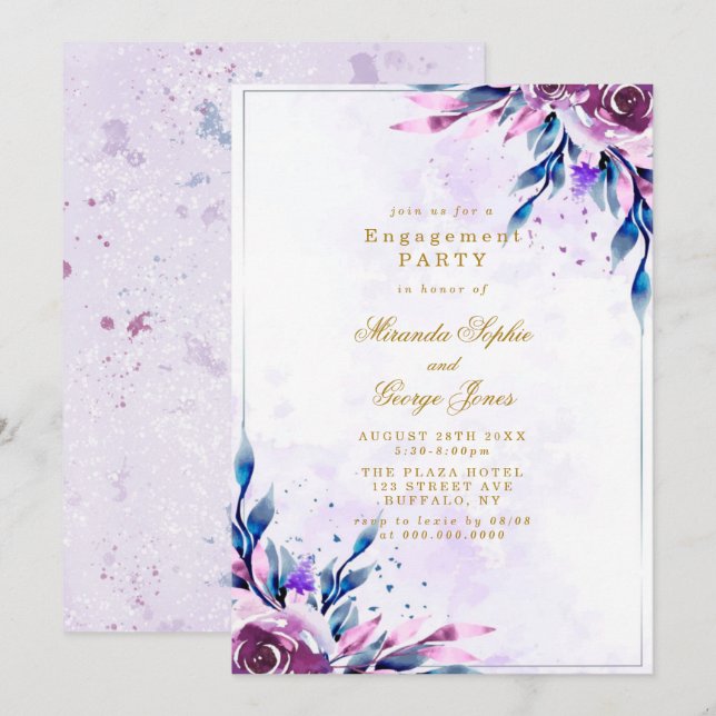 Lila Peony Gold Geometric Engagement Party Einladung (Vorne/Hinten)