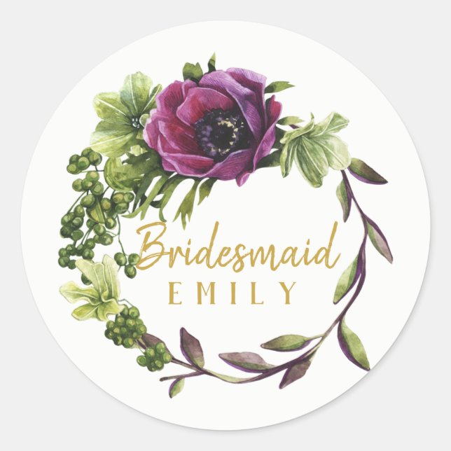 Lila Peony Wreath Bridesmaid Name ID456 Runder Aufkleber (Vorderseite)