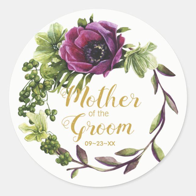 Lila Peony Wreath Mother of the Groom ID456 Runder Aufkleber (Vorderseite)