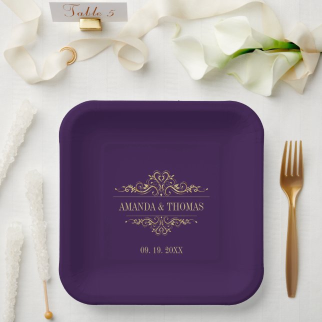 Lila Personalisierte Hochzeit in eleganten Rahmen Pappteller (Hochzeit)