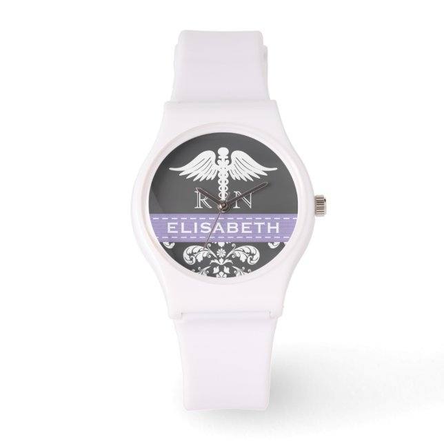 LILA PERSONALISIERTE NURSE RN CADUCEUS CHALKBOARD ARMBANDUHR (Vorderseite)