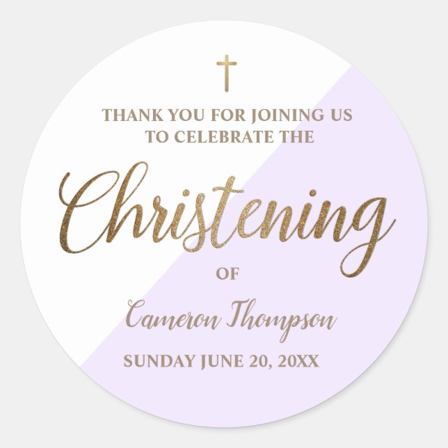 Lila Personalisiertes Baby Christening Danke Runder Aufkleber (Vorderseite)