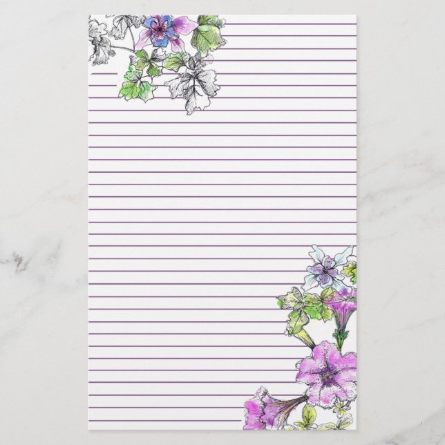 Lila Petunia Wasserfarbe Blume Lilac Lined Briefpapier (Vorderseite)