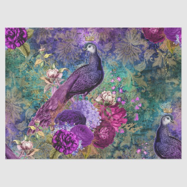 Lila Pfau mit Blume Entdeckung Seidenpapier (Vorderseite)