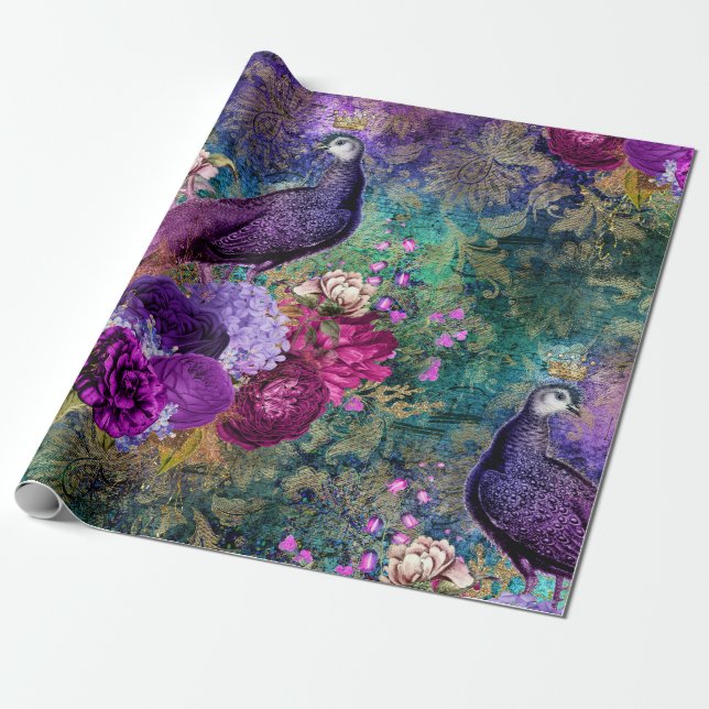 Lila Pfau mit Blume Geschenkpapier (Ungerollt)