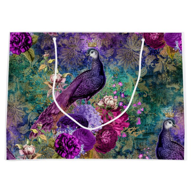 Lila Pfau mit Blume Große Geschenktüte (Vorderseite)
