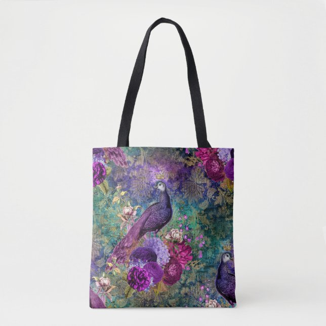 Lila Pfau mit Blume Tasche (Vorderseite)