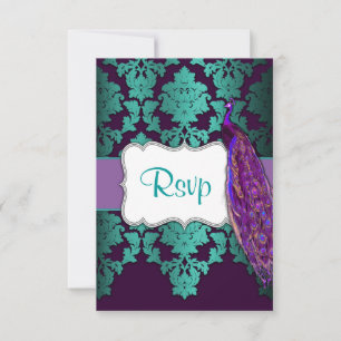 Lila Pfau- und Aquamarine Damaskus-Hochzeitskarten RSVP Karte