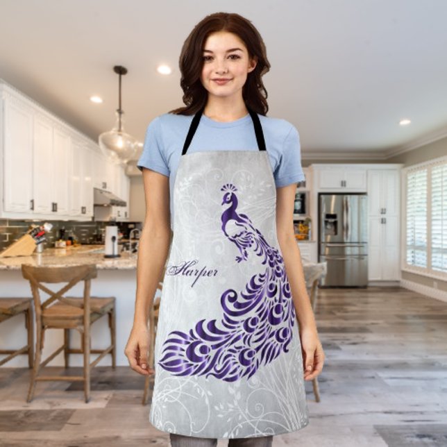 Lila Pfauenpersonalisierung der Schürze drucken (Purple Peacock Personalized Apron)