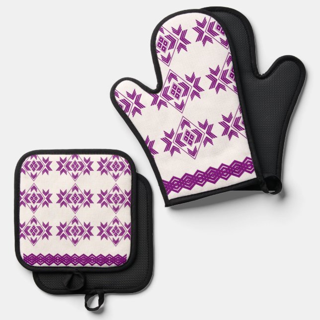 Lila Pfeil- und Quadratzmuster Ofenhandschuh & Topflappen-Set (Vorderseite/Rückseite)