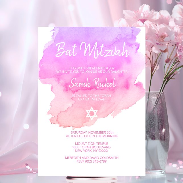 Lila Pfirsichfarben Pfirsichstern BAT MITZVAH Einladung (Watercolor Purple Pink Peach Star BAT MITZVAH Invitation)