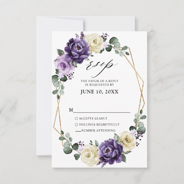 Lila Pflaume Ivory Gold Floral Geometric Wedding RSVP Karte (Vorderseite)