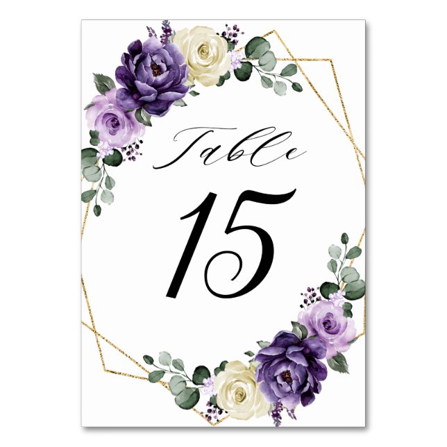 Lila Pflaume Ivory Gold Floral Geometric Wedding Tischnummer (Vorderseite)