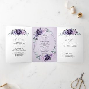 Lila-Pflaume-Silber-Blüten-Geometrische Hochzeit Dreifach Gefaltete Ankündigung