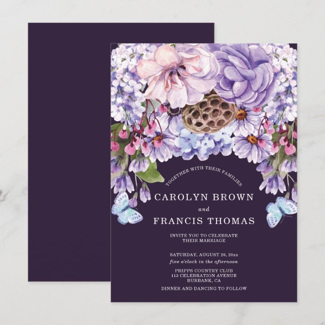 Lila Pflaumenbläserne Hochzeit Einladung (Vorne/Hinten)