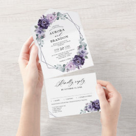 Lila Pflaumenblüten Geometrische Hochzeit All In One Einladung