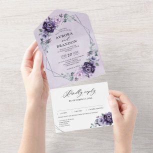 Lila Pflaumenblüten Geometrische Hochzeit All In One Einladung