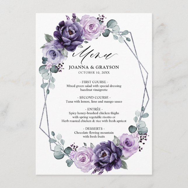 Lila Pflaumenblüten Geometrische Hochzeit Menükarte (Vorderseite)