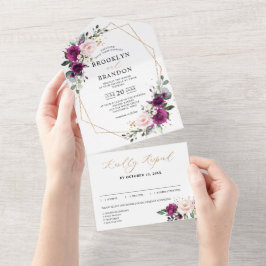 Lila Pflaumenblütenrosen Geometrische Hochzeit All In One Einladung