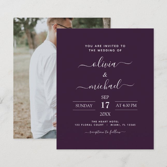 Lila Pflaumenhochzeit mit Foto Einladung (Vorne/Hinten)