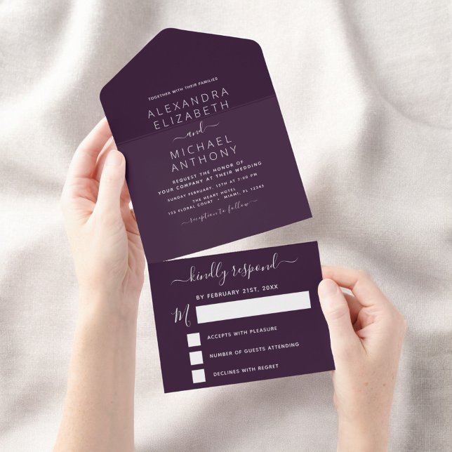 Lila Pflaumenhochzeit Moderne Typografie All In One Einladung (Von Creator hochgeladen)