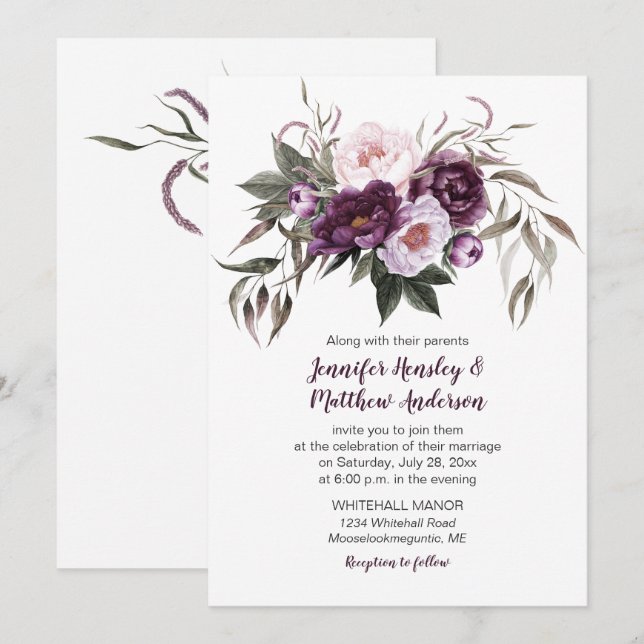 Lila Pflaumenpink-Aquarellblume Hochzeit #3 Einladung (Vorne/Hinten)