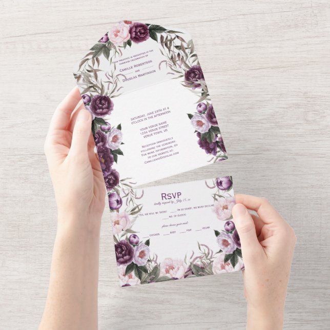 Lila Pflaumenpinker Hochzeit | All In One Einladung (Abreißen)