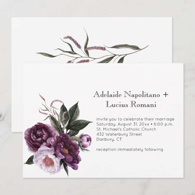 Lila Pflaumenpinker Hochzeit mit floralen Wasserfa Einladung (Vorne/Hinten)