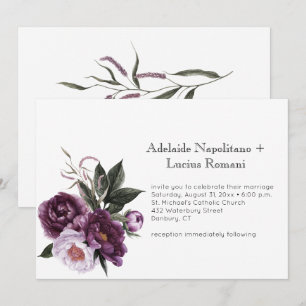 Lila Pflaumenpinker Hochzeit mit floralen Wasserfa Einladung