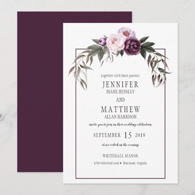 Lila Pflaumenpinker-Peonies Hochzeiten in Aquarell Einladung (Vorne/Hinten)