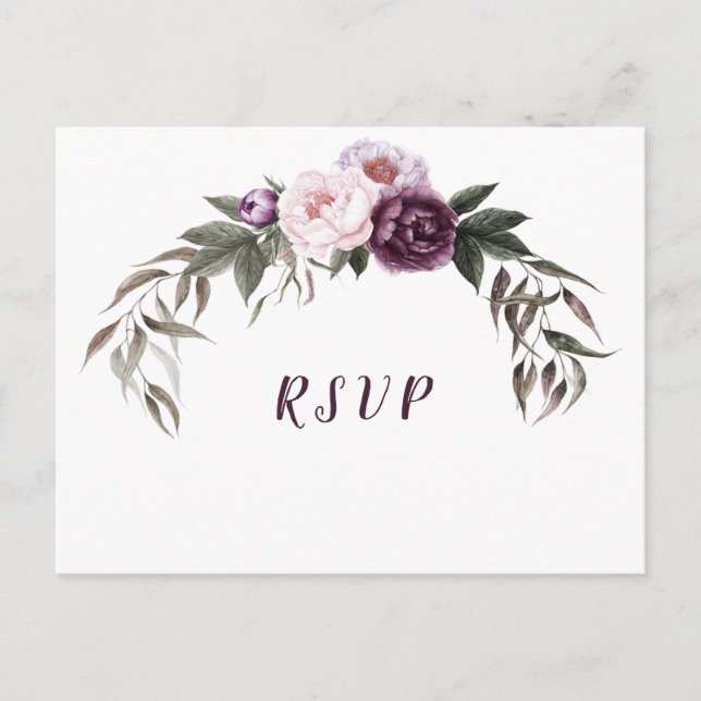 Lila Pflaumenrosa Peonies Wedding RSVP Postkarte (Vorderseite)