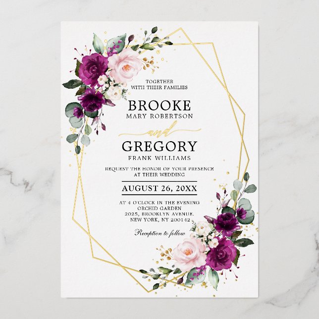 Lila Pflaumenrot Rose Boho Geometric Wedding Folieneinladung (Vorderseite)