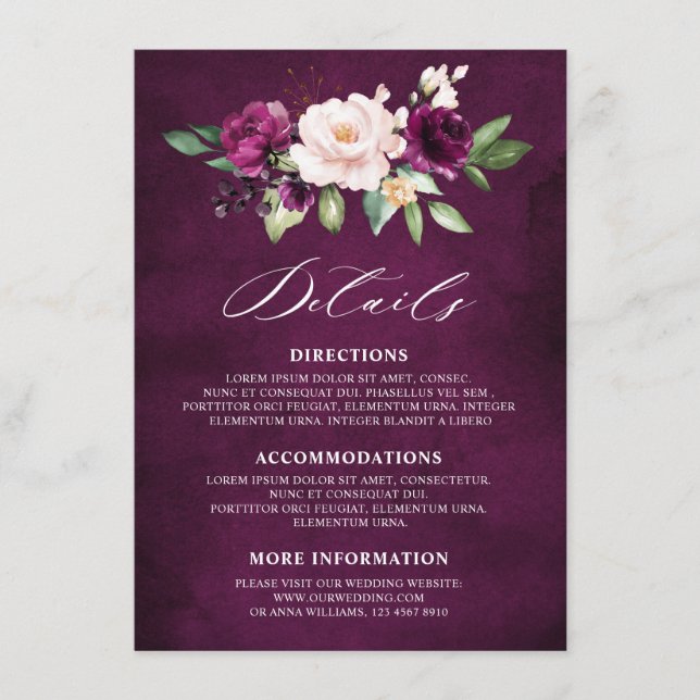 Lila Pflaumenrot Rosen Hochzeitdetails Begleitkarte (Vorderseite)