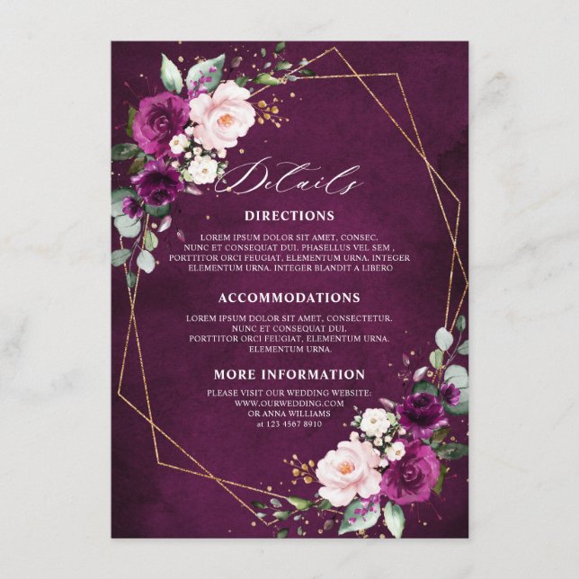 Lila Pflaumenrot Rosen Hochzeitsdetails Enklave Begleitkarte (Vorderseite)