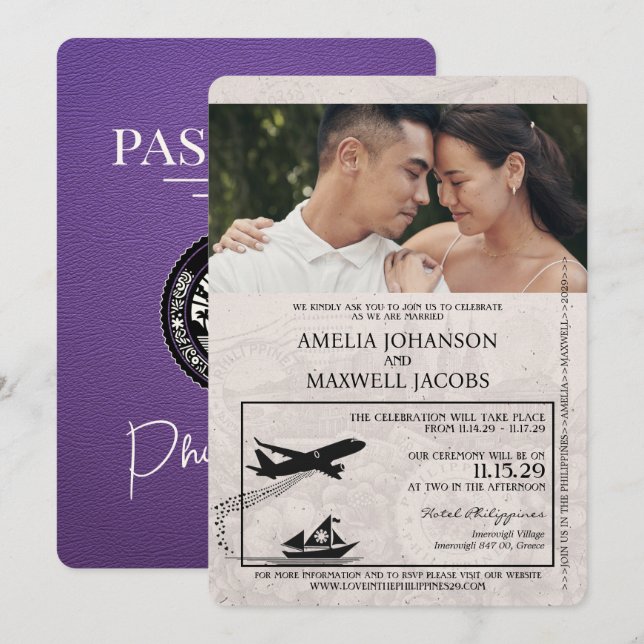 Lila Philippinen-Passport-Hochzeit Einladung (Vorne/Hinten)