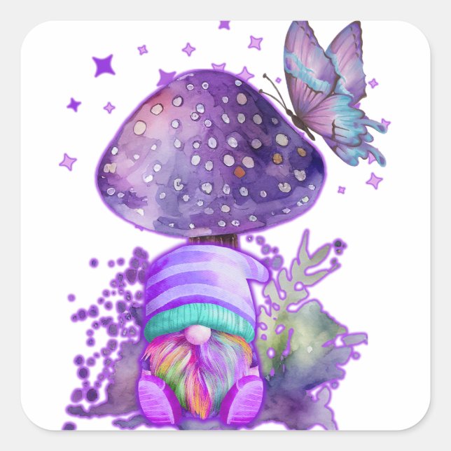 lila Pilz mit Gnome Quadratischer Aufkleber (Vorderseite)