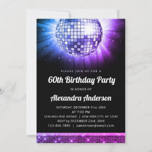 Lila Pink 60. Geburtstagsparty 70's Disco Ball Einladung
