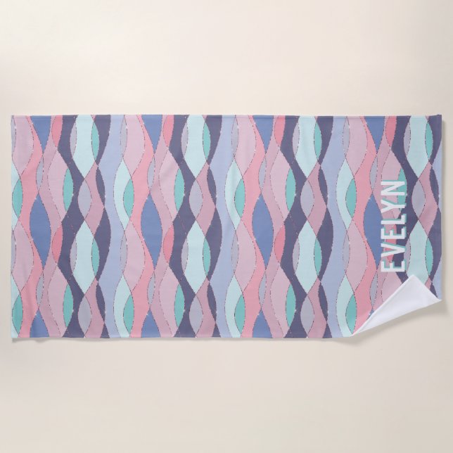 Lila Pink Aqua Wavy Personalisierter Name Strandtuch (Vorderseite)