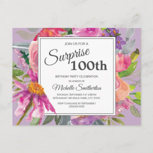 Lila Pink Aquarell Floral 100. Geburtstag Postkarte