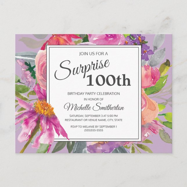 Lila Pink Aquarell Floral 100. Geburtstag Postkarte (Vorderseite)