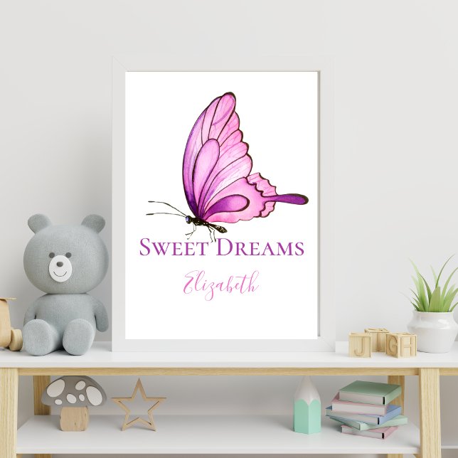 Lila Pink Aquarell Schmetterling Kinderzimmer Kuns Poster (Purple pink Butterfly Personalized Nursery Wall Art)