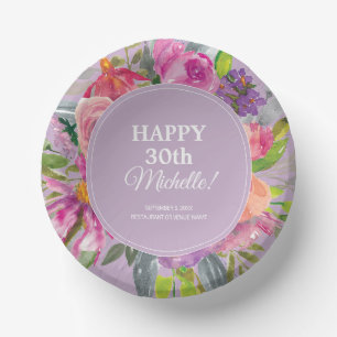 Lila Pink Aquarell Wildblume 30. Geburtstag Pappteller