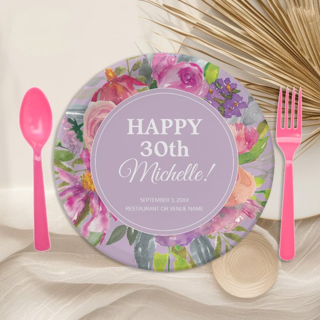 Lila Pink Aquarell Wildblume 30. Geburtstag Pappteller (Elegant pink and purple watercolor floral 30th birthday party paper plates)