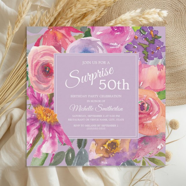 Lila Pink Aquarell Wildblumen 50. Geburtstag Einladung (Elegant purple and pink watercolor wildflowers surprise 50th birthday party invitation)
