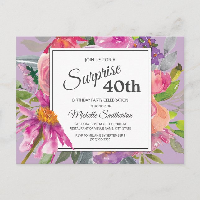 Lila Pink Aquarellblume 40. Geburtstag Postkarte (Vorderseite)