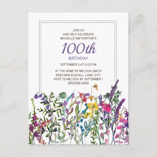 Lila Pink Aquarellfarben Wildblumen 100. Geburtsta Postkarte (Vorderseite)