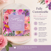 Lila Pink Aquarellfarben Wildblumen 30. Geburtstag