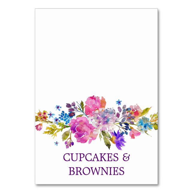 Lila Pink & Blue Blume Bouquet Food Zelt Cards Tischnummer (Vorderseite)