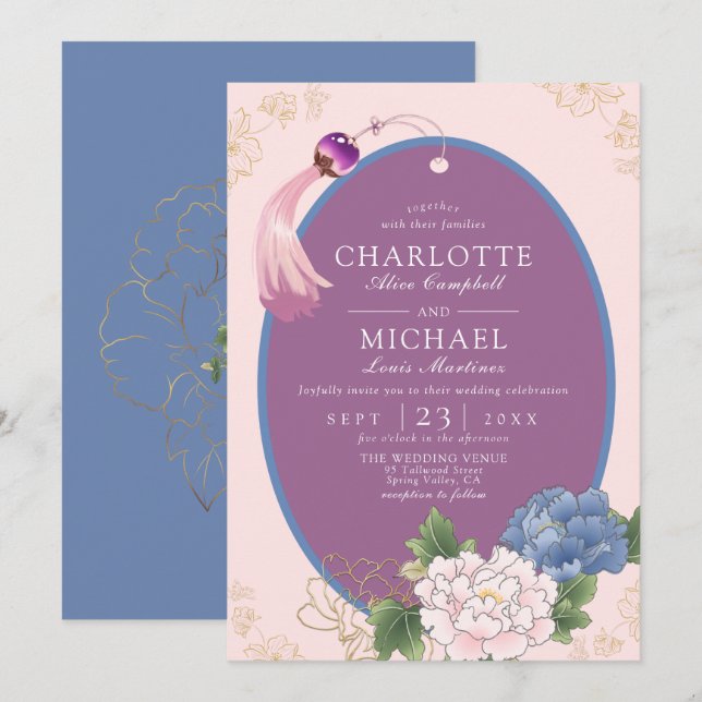 Lila Pink Blue Chinoiserie Peony Tassel Wedding Einladung (Vorne/Hinten)