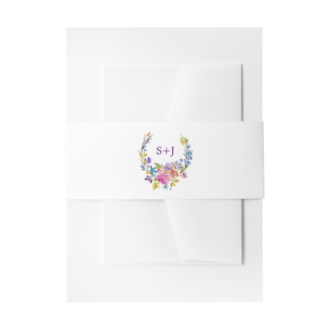 Lila Pink & Blue Floral Wreath Monogramm Hochzeit Einladungsbanderole (Vorderseite Beispiel)